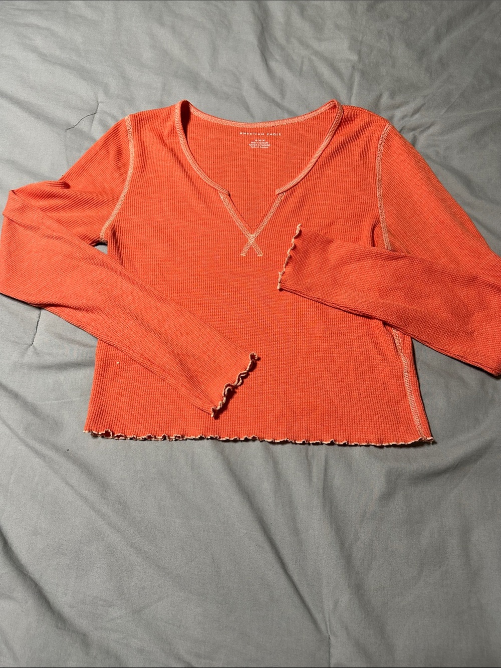 American Eagle Outfitters Orange Ribbed V-Notch Cropped Hem Long Sleeve Top
